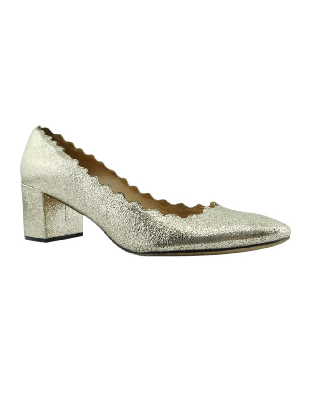 CHLOE Platinum Metallic Leather Scalloped Block Heels Pumps 37